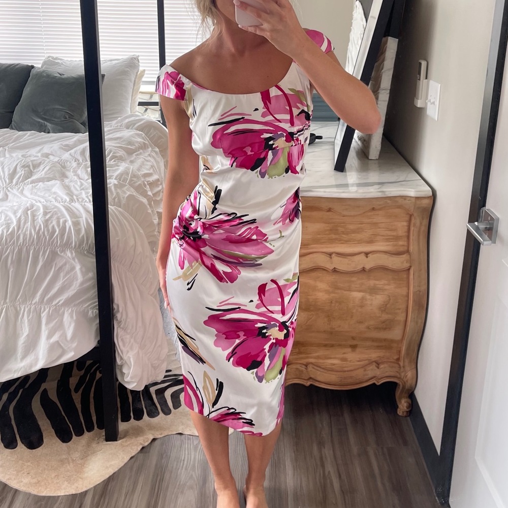 Vintage 90s Y2K London Style Floral Print Off-The-Shoulder Satin Midi Dress
